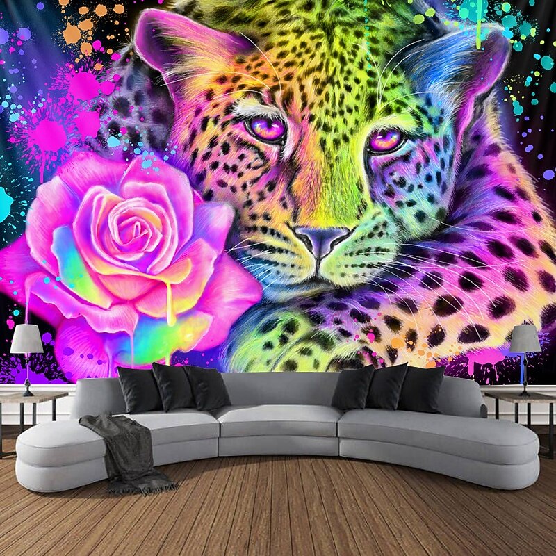 Sheena Pike Blacklight Tapestry Glow in the Dark Glow Party UV Reactive Trippy Misty Hanging Tapestry Wall Art Mural for Living Room Bedroom Neon Rainbow Leopard