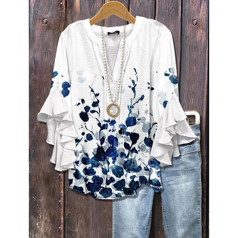 Women's Blouse V Neck Floral Graphic Paisley Bohemia Vintage Daily 3/4 Length Sleeve Flutter Sleeve Regular Tops Daily Holiday Vacation Wear Ruffle Print White Pink Green Beige Summer Spring Fall