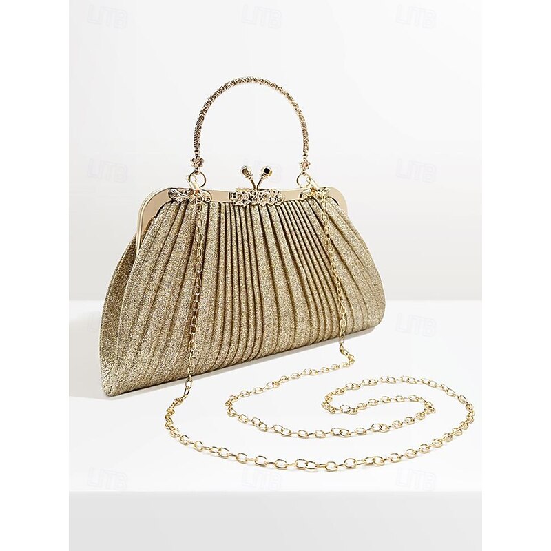 Women's Glitter Pleated Evening Clutch Purse with Vintage Gold Handle – Elegant Formal Handbag for Weddings, Parties and Cocktail Events3