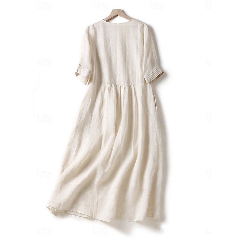 Women's Cotton Linen Midi Dress A Line Dress Summer Dress Casual Daily Regular Fit Plain Half Sleeve Crew Neck White Blue Purple Green Summer2