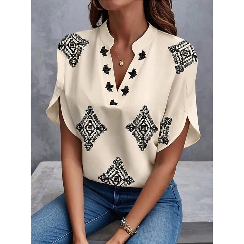 Women's Blouse V Neck Graphic Geometric Bohemia Daily Stylish Short Sleeve Regular Tops Daily Print Champagne Summer Spring