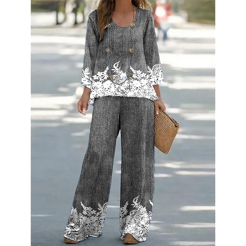 Women's Shirt Blouse 3/4 Length Sleeve U Neck Ombre Floral Graphic Print Outdoor Vacation Casual Black Ink Blue Gray Summer Loose Fit4