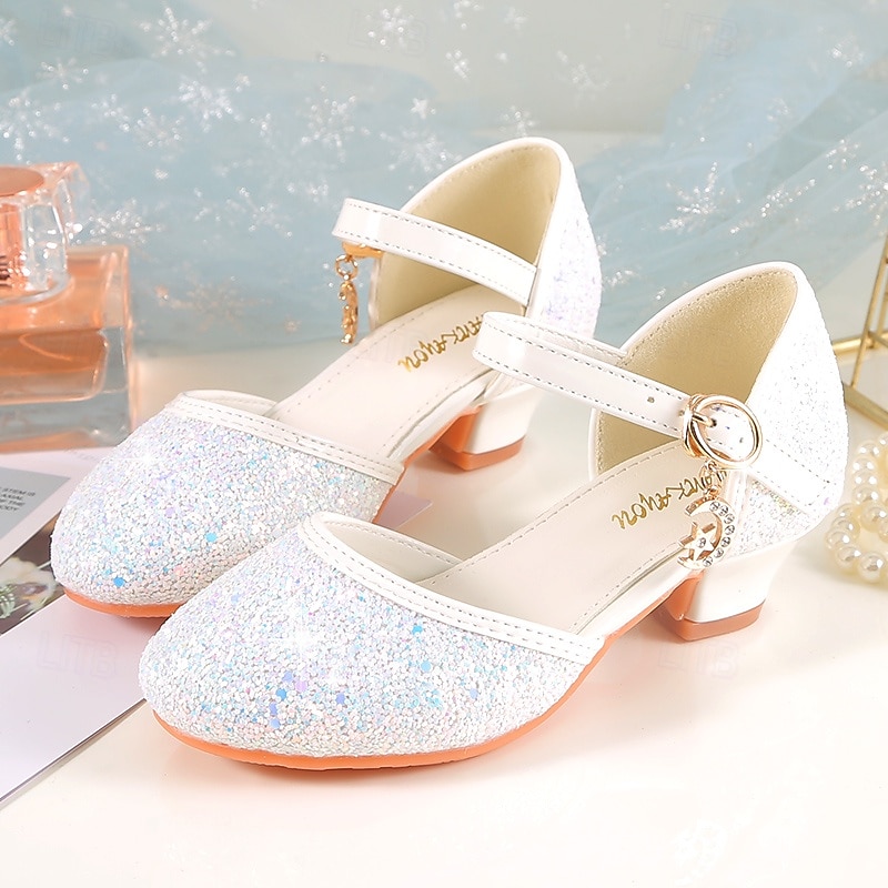 Girls' Sparkly Glitter Dress Shoes – White Mary Jane Heels with Moon Charm Strap for Weddings, Parties, and Formal Events2