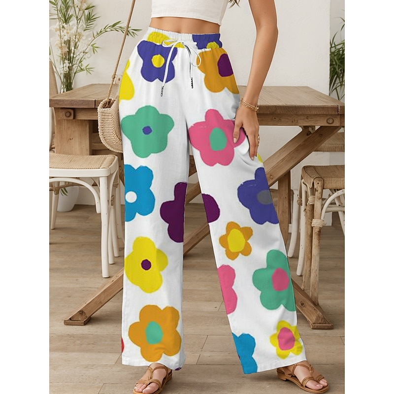 Women's Wide Leg Chinos Baggy Pants Vacation Vintage Fashion Full Length High Waist Floral Graphic Printing Soft Breathable Micro-elastic Formal Outdoor Vacation Rainbow Summer Spring Loose Fit