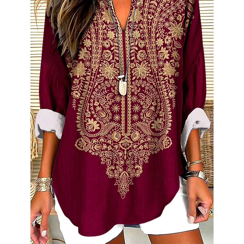 Women's Blouse Tunic V Neck Long Sleeve Boho Casual Tops Floral Graphic Bohemia Basic Long Tops Daily Buttons Print Black Red Green Spring, Fall, Winter, Summer3