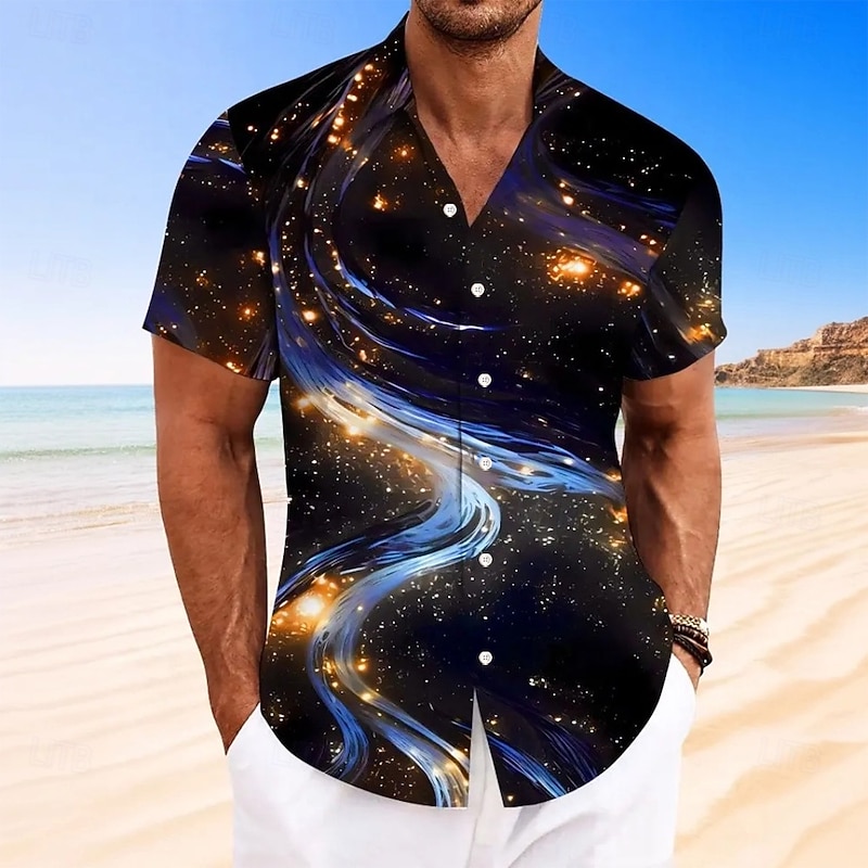 Men's Geometric Marble Abstract Liquid Art Shirt Summer Shirt Button Up Shirt Short Sleeve Fashion Casual Outdoor Vacation Dailywear Summer Spring Turndown 3D Print Collared Shirts Black