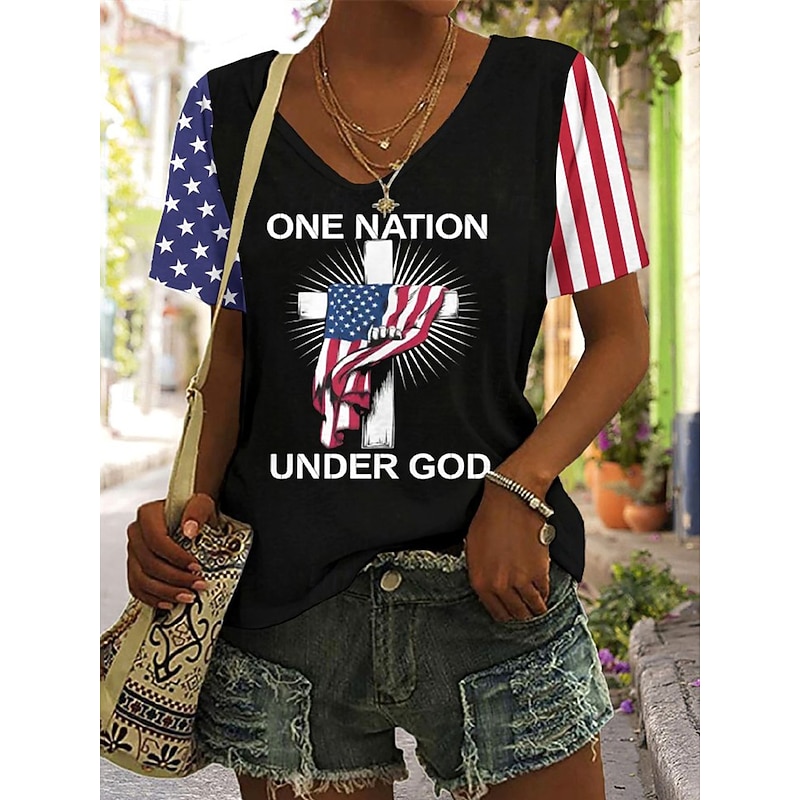 Women's Patriotic  T Shirt Graphic Flag American Flag Vintage Fashion Hawaiian Short Sleeve V Neck Regular Tops Daily Going out Weekend Print Black Red Summer Spring