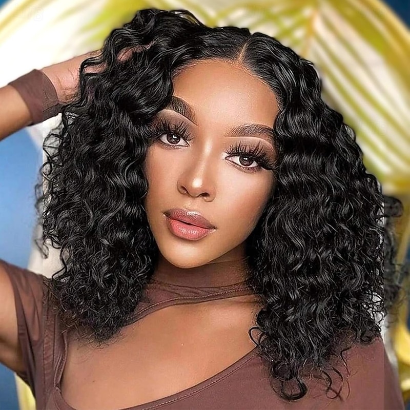Natural Color 13*4 Short BOBO Lace Wig Deep Wave Real Human Hair Wig 150% Density