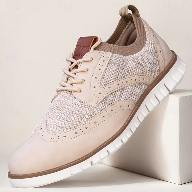 Men's Shoes Beige Casual Lace-Up Shoes with Breathable Knit Upper and Flexible Sole for Daily Wear Office and Travel