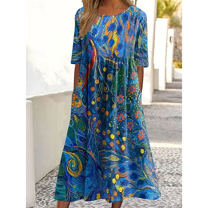 Women's Midi Dress Summer Dress Pleated Dress Vacation Casual Holiday Loose Fit Floral Graphic Short Sleeve Crew Neck Blue Orange Beige Summer