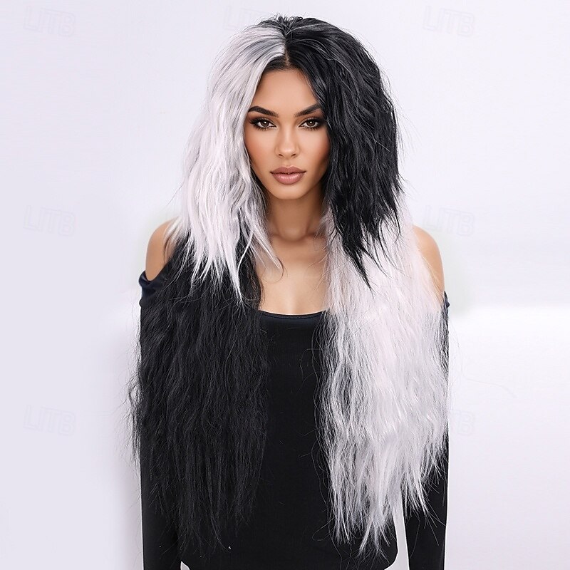 Synthetic Wig Curly Weave Micro Locs Layered Haircut With Bangs Machine Made Wig Long 28 inch A1 Synthetic Hair Women's Classic Comfortable Color Gradient Black White3