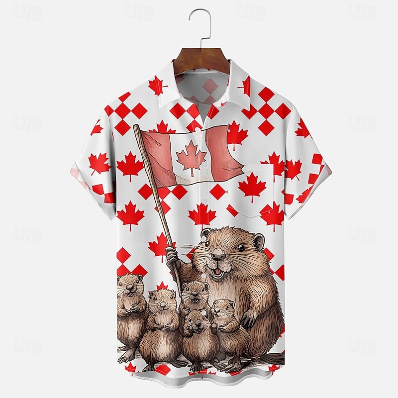 Canada Day Men's Flag Maple Leaf Beaver Shirt Summer Shirt Button Up Shirt Short Sleeve Fashion Casual Holiday Summer Spring Turndown 3D Print Collared Shirts Front One Pocket White