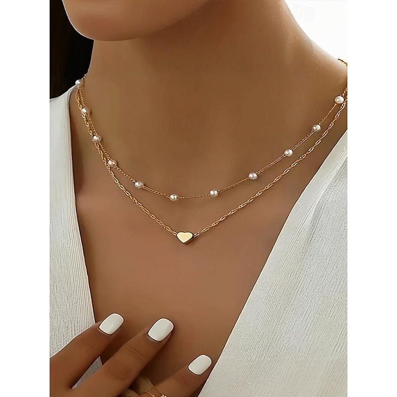 Women's Gold Heart Pendant Necklace and Bracelet Set – Dainty Layered Chain with Pearl Beads, Elegant Romantic Jewelry for Gifts, Weddings, and Everyday Wear2