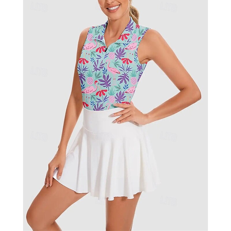 Women's Flamingos Tennis Shirt Sleeveless Print UPF50+ Quick Dry Tennis Golf Badminton Zip Collar Tee Tshirt Top Blue Tennis Clothing3