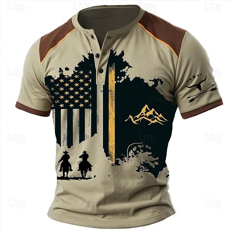 Men's Cowboy T shirt Henley Shirt Short Sleeve 3D Print Designer Retro Vintage Western Style Street Casual Daily Summer Spring Light Brown Blue Brown Henley Henley T-Shirt4