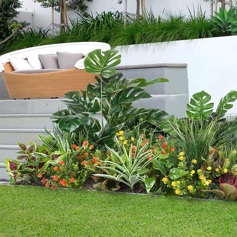 18 Bundles Artificial Plants for Outdoors, Faux Greenery Shrubs Set for Home Patio Garden Wall Decor, UV Resistant Green Plant Stems for Outdoor Indoor Decoration Fence Backdrop3