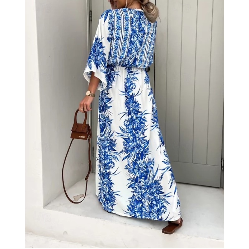 Women's Long Dress Maxi Dress Swing Dress Floral Dress Print Dress Fashion Modern Outdoor Vacation Holiday Regular Fit Flower 3/4 Length Sleeve V Neck Blue Green Beige Summer3