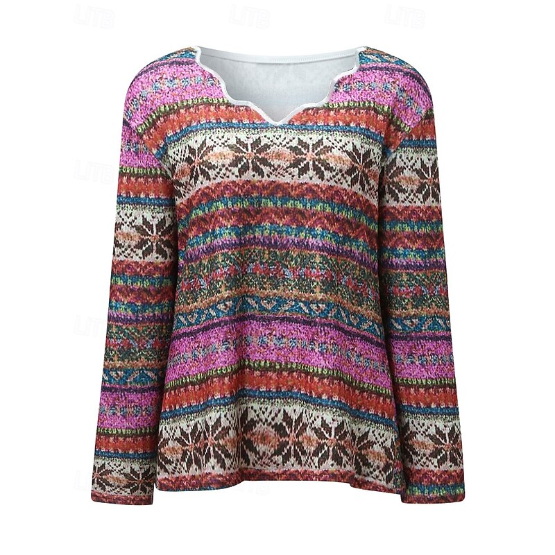 Women's Blouse Flower Modern Boho Long Sleeve V Neck Regular Tops Holiday Going out Print Blue Purple Orange Summer2