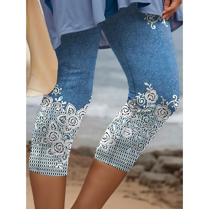 Women's Leggings Capri Pants 3D Print High Elasticity Vacation Vintage Fashion Calf-Length High Waist Floral Graphic Geometric Breathable Soft Stretchy Formal Vacation Office Robin's Egg Blue3