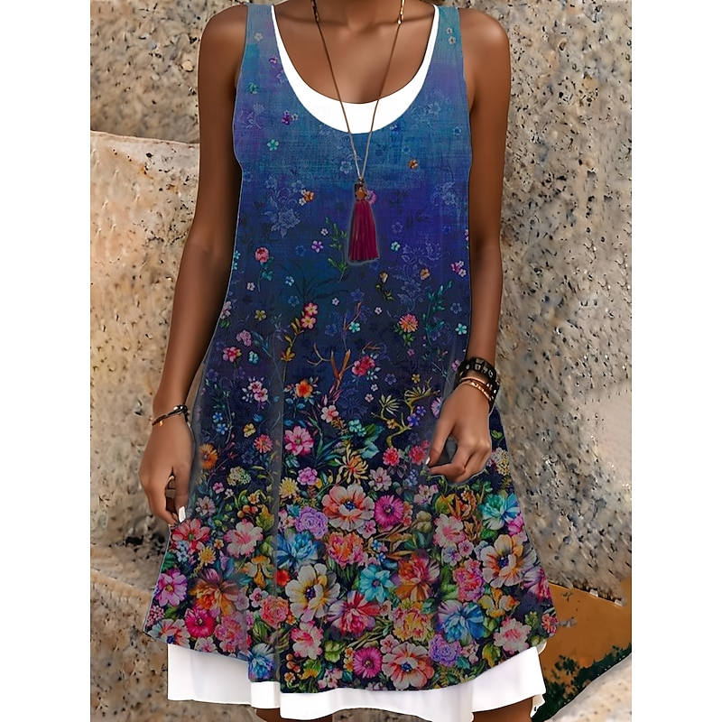 Women's Midi Dress Tank Dress Fashion Classic Outdoor Daily Weekend Regular Fit Graphic Sleeveless Crew Neck Blue Spring Fall