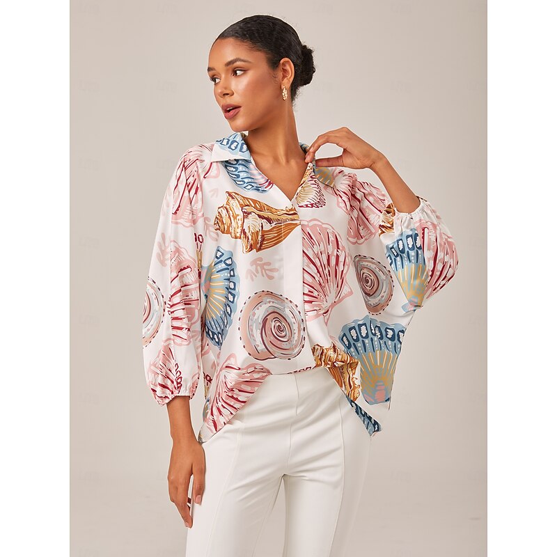 Shell Print Relaxed Fit Overhead V-Neck Blouse