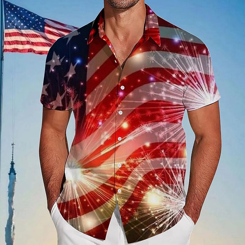Independence Day Men's US Flag Patriotic Fireworks Shirt Summer Shirt Button Up Shirt Short Sleeve Fashion Casual Outdoor Holiday Summer Spring Turndown 3D Print Collared Shirts Red Blue