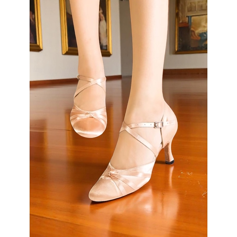 Women's Black Satin Crisscross Ballroom Dance Shoes - Classic Mid-Heel Latin Heels for Professional Performers and Social Dancers4