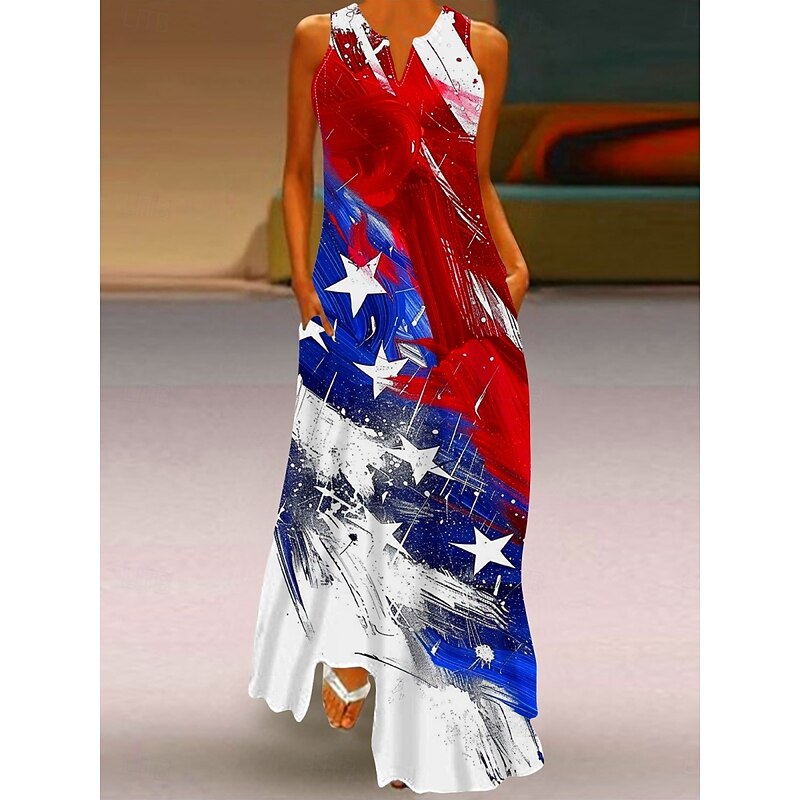 Women's Patriotic  Maxi Dress Shift Dress Summer Dress Casual Daily Holiday Regular Fit Flag Sleeveless Crew Neck Wine Red Navy Blue Blue Summer