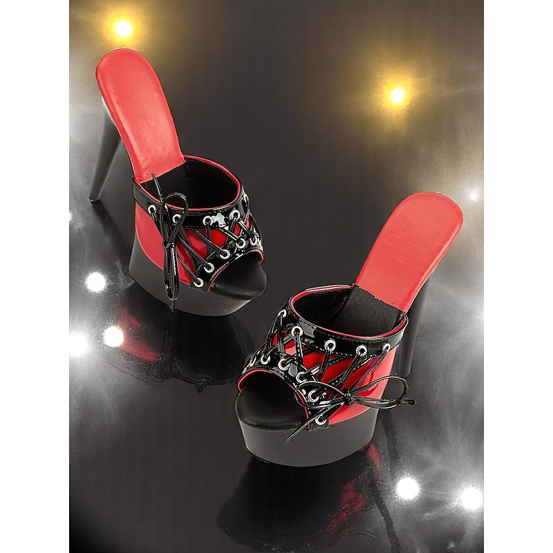 Women's Red and Black Platform Mules – Patent Leather Lace-Up Heels for Clubwear and 1980s Punk-Inspired Nightlife Style3