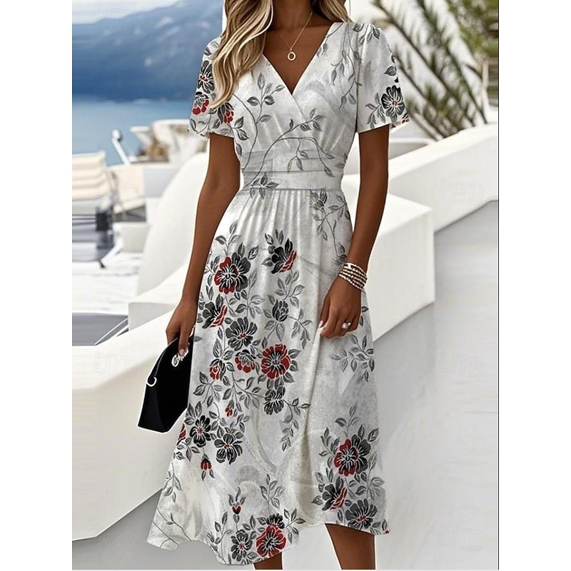 Women's Elegant Midi Dress A Line Dress Wrap Dress V Neck Short Sleeve Going out Floral Graphic Sleeveless Gray Pink Blue2