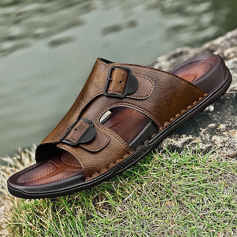 Men's Brown Buckled Faux Leather Slippers with Arch Support Anti-Slip Sole for Adults Suitable for Home Lounge Summer Streetwear Relaxed Day Outings2