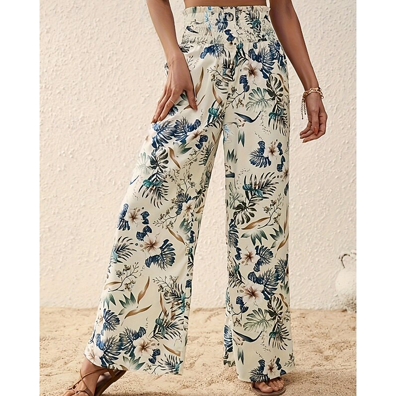 Women's Slacks Pants Trousers Fashion Boho Full Length Natural Floral Print Comfy Outdoor Comfortable Outdoor Vacation Casual Daily Apricot Light Sky Blue Pink Dark Navy Summer Regular Fit3
