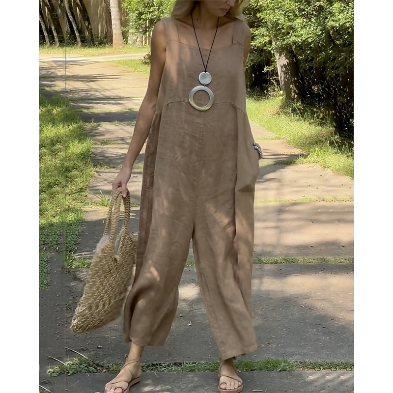 Women's Normal Linen-Inspired Jumpsuits Pants Holiday Solid Color Sleeveless Wide Leg Pocket Street Daily Regular Fit White Orange Green Summer