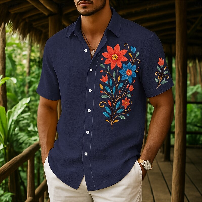 Men's Shirt Linen Shirt Summer Shirt Beach Wear Button Up Shirt Floral Print Vacation Curise White Navy Blue Green Khaki Short Sleeve Collar Summer Spring & Summer Clothing Apparel