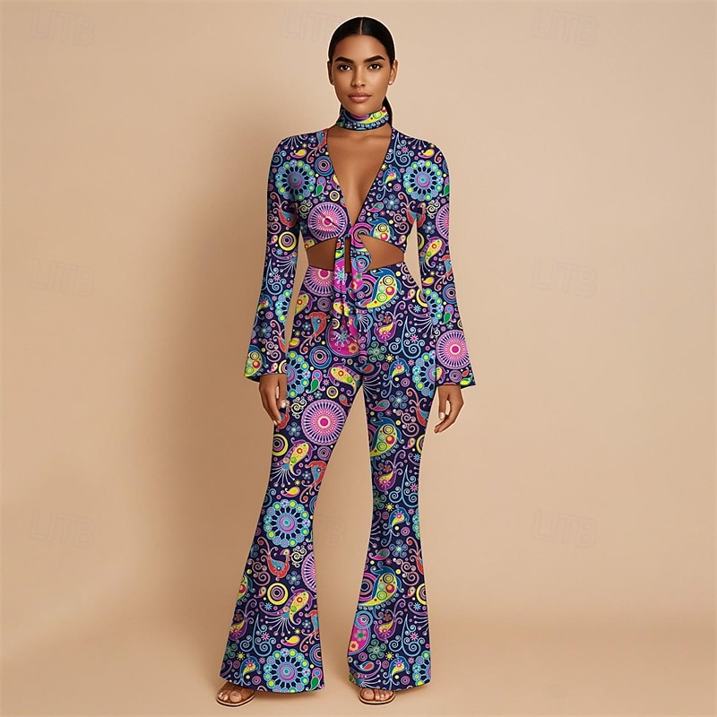 Retro Vintage 1970s Groovy Tie Front Flared Pants Set Hippie Disco Paisley Tribal Fancy Dress Women's Halloween Carnival Vacation Music Festival Festival Adults' Top Pants Headband3