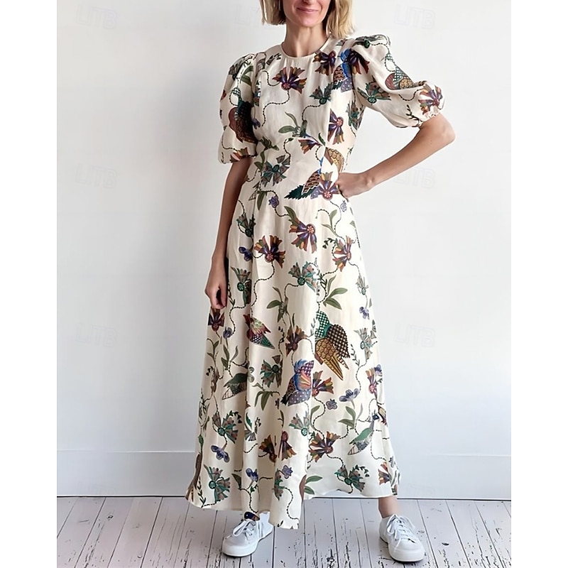 Women's Long Dress Maxi Dress Casual Dress Fashion Outdoor Party Holiday Regular Fit Flower Short Sleeve Crew Neck Beige Summer