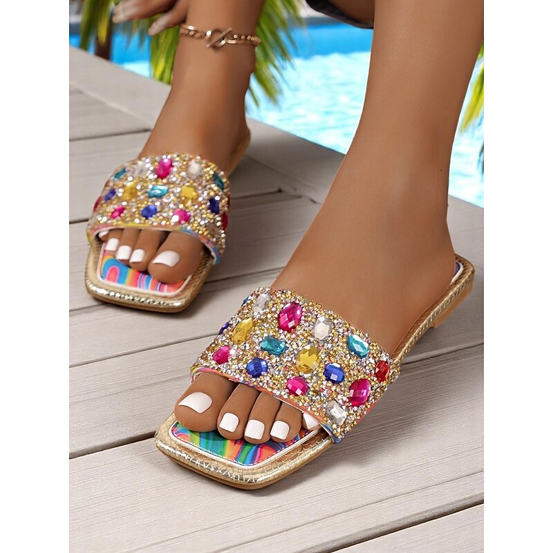 Women's Multicolor Rhinestone Slide Sandals – Sparkly Flat Open-Toe Summer Slippers for Beach Vacation, Pool Party, and Nightlife Glam Looks4