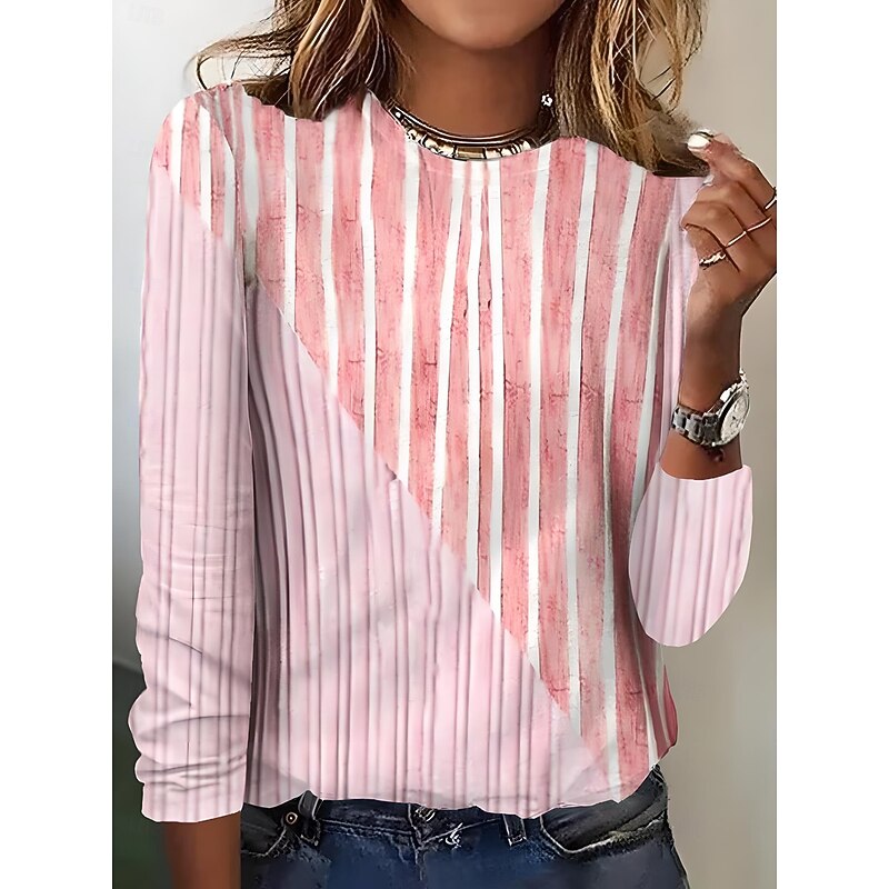 Women's T shirt Long Sleeve Crew Neck Long Sleeve Tunic Graphic Geometric Striped Elegant Vintage Round Neck Regular Tops Daily Going out Weekend Print Pink Blue Prefall3