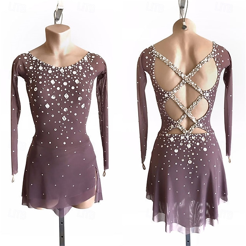 Figure Skating Dress Women's Girls' Ice Skating Dress Navy White Pink Patchwork Open Back Mesh High Elasticity Training Competition Skating Wear Classic Crystal / Rhinestone Long Sleeve Ice Skating2
