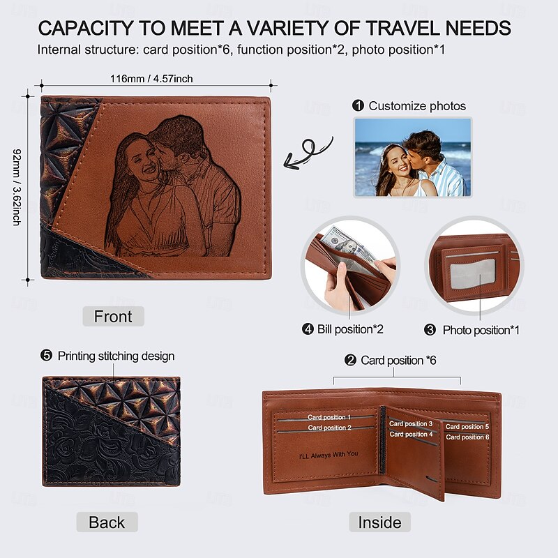 Personalized Photo Engraved Leather Wallet Custom Best Gift for Dad, Custom Text Inside, Valentine's Day, Father's Day, Birthday, Anniversary, Christmas Gift for Him2