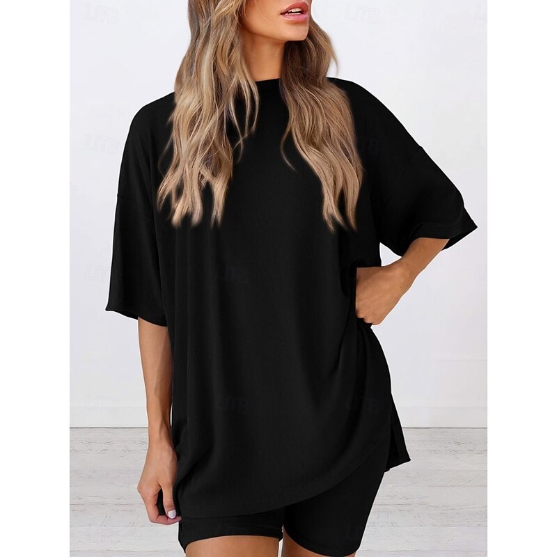 Women's Fashion Streetwear Daily Shorts Sets Short Sleeve Crew Neck Solid Color Casual Daily Black White Red Summer Loose Fit