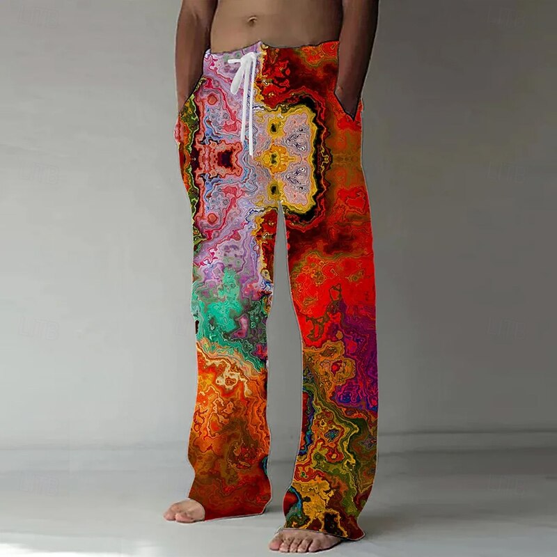 Men's Marble Abstract Liquid Art Trousers Baggy Pants Casual Pants Mid Waist Casual Outdoor Vacation Side Pockets Wide Leg Elastic Drawstring Waist Summer Spring 3D Print Red Blue Purple3