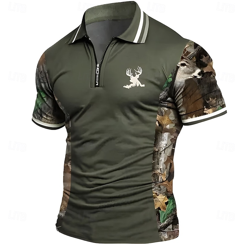 Men's Graphic Elk Zip Polo Short Sleeve Turndown Casual Daily Outdoor Athleisure Casual Daily Zipper Summer Army Green - Main Image
