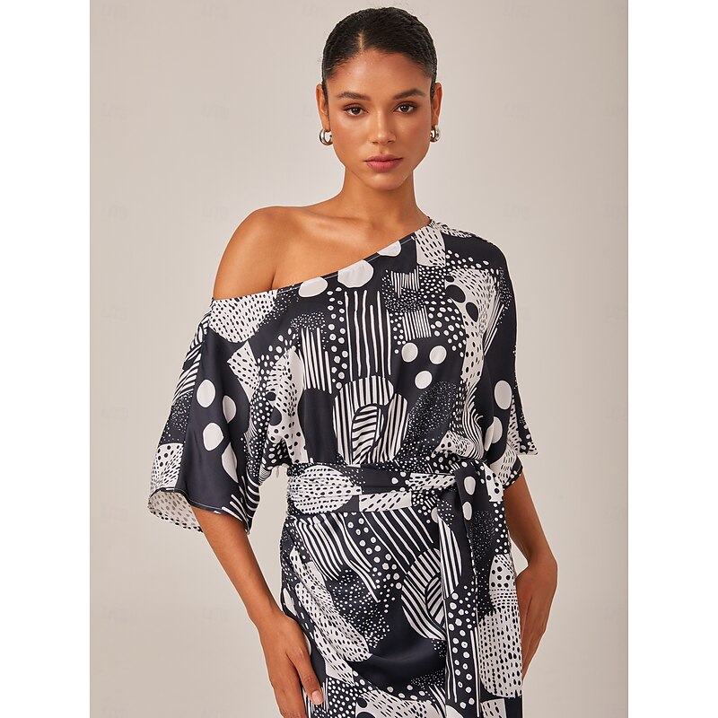 Black and White Polka Dot Wrap Drop Shoulder Maxi Dress3