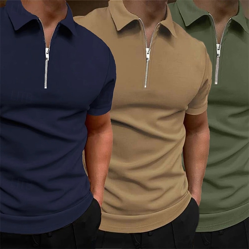 Multi Packs 3pcs Men's Lapel Short Sleeves Grey+Green+Black Quarter Zip Polo Golf Shirt Golf Polos Shirts Quarter Zip Plain Vacation Daily Wear Polyester Summer3