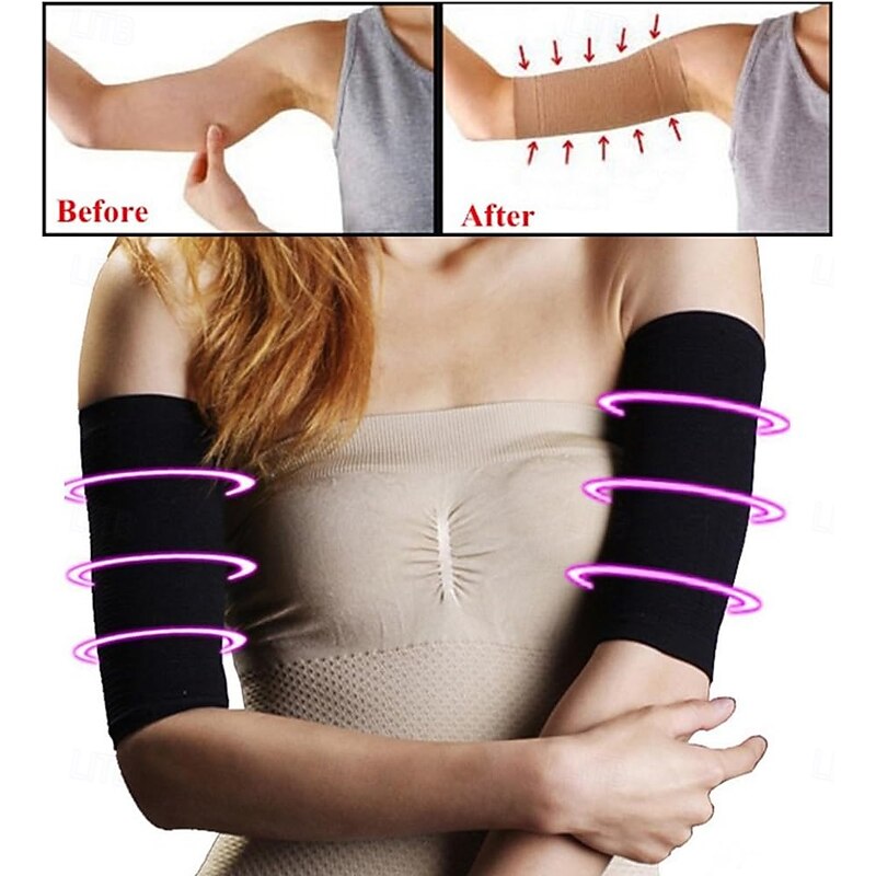 2 Pair Beauty Women Weight Loss Calories Slimming Arm Shaper Massager Lose Buster Wrap Belt Slimming Compression Arm Shaper Helps Tone Shape Upper Arms Sleeve, Black + Flesh Color2
