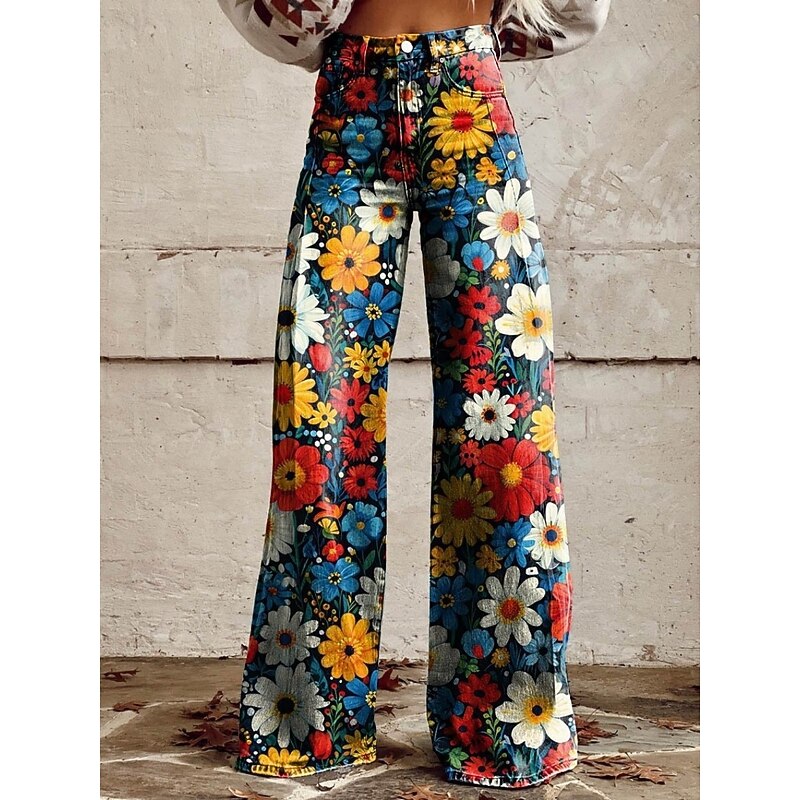 Women's Wide Leg Chinos Vacation Fashion Streetwear Full Length High Waist Floral Pocket Printing Comfy Soft Comfortable Micro-elastic Outdoor Street White Yellow Navy Blue Blue Summer Spring Regular3