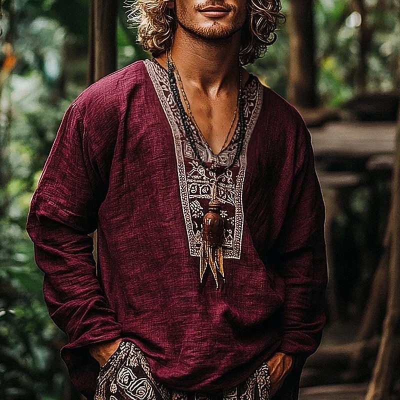 Men's Shirt Linen Shirt Popover Shirt Summer Shirt Beach Wear Retro Shirts Ethnic Vacation Holiday Wine Brown Green Long Sleeve V Neck Summer Spring Clothing Apparel Loose Fit