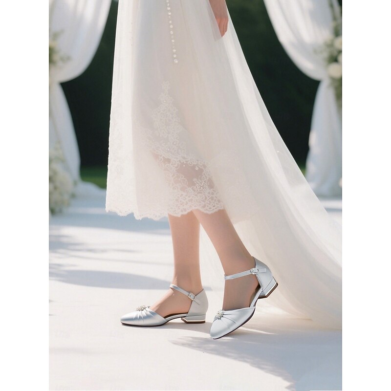Women's Silver Satin Wedding Flats with Crystal Detail and Ankle Strap, Elegant and Comfortable, Ideal for Formal Weddings4