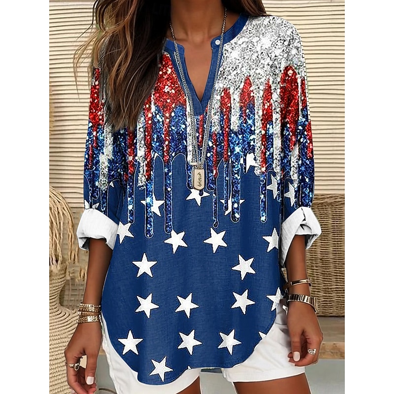 Women's Blouse Tunic V Neck Long Sleeve Boho Casual Patriotic Graphic Flag Vintage Tropical Regular Tops Daily Wear Print